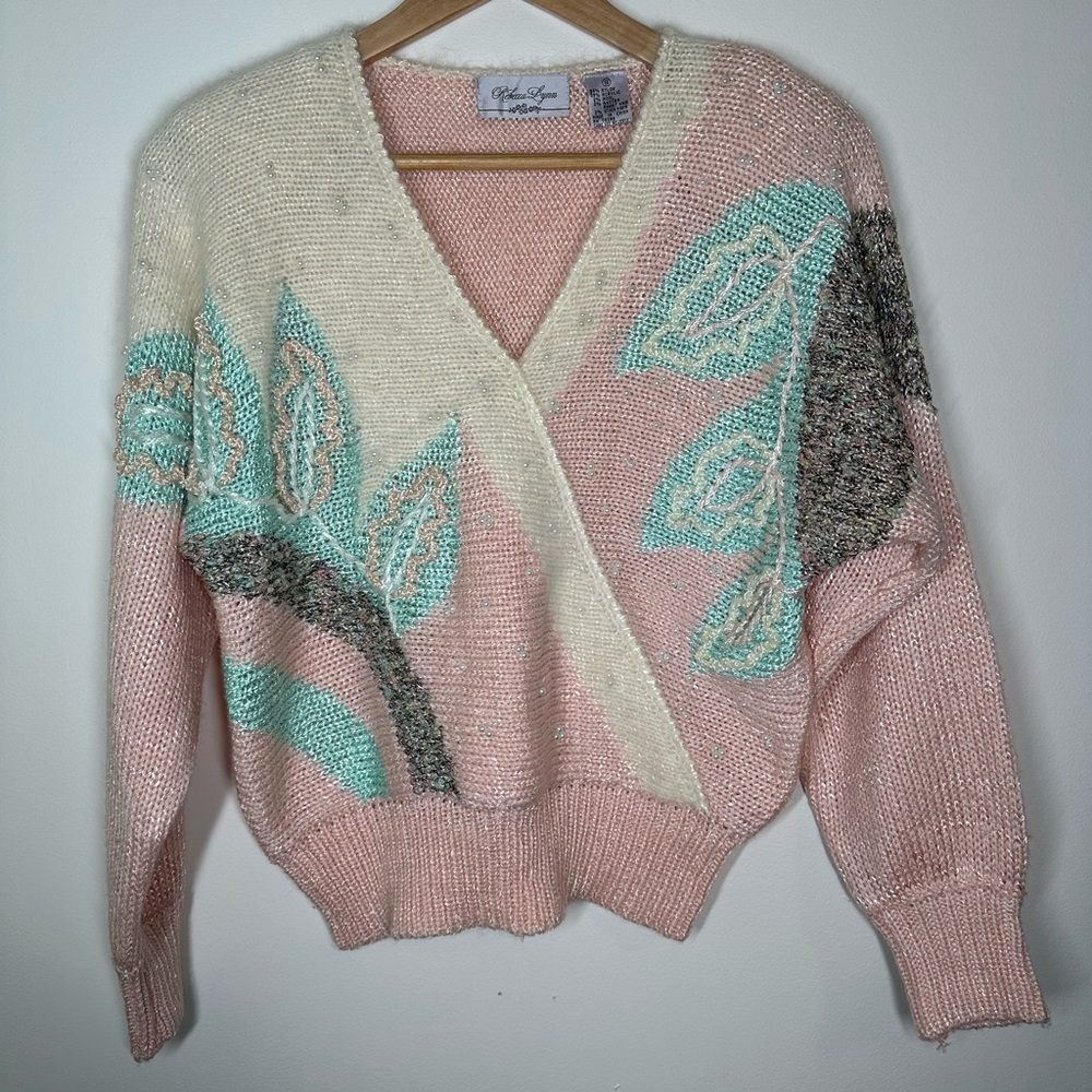 Vintage Rebecca Lynn Pink and Cream Sweater with Pearls and Leaf‎ Design Small